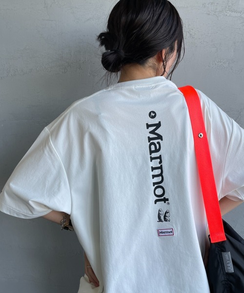 uvカット tシャツ 「Marmot/マーモット」 別注 ドローコード付き バーティカルロゴ バックプリントTシャツ「追加」 レディース メンズの画像