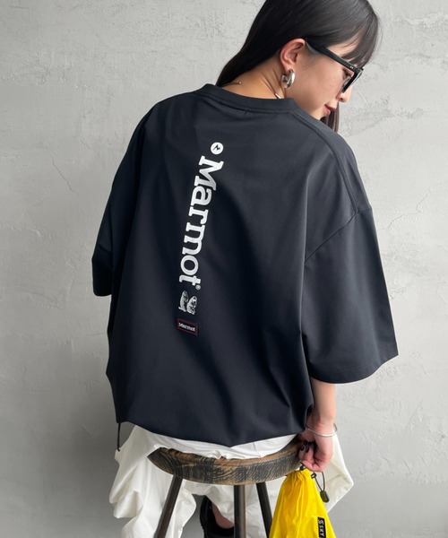uvカット tシャツ 「Marmot/マーモット」 別注 ドローコード付き バーティカルロゴ バックプリントTシャツ「追加」 レディース メンズの画像