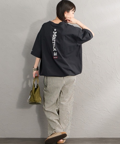 uvカット tシャツ 「Marmot/マーモット」 別注 ドローコード付き バーティカルロゴ バックプリントTシャツ「追加」 レディース メンズの画像