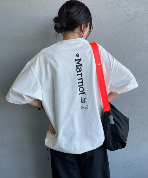 uvカット tシャツ 「Marmot/マーモット」 別注 ドローコード付き バーティカルロゴ バックプリントTシャツ「追加」 レディース メンズの画像