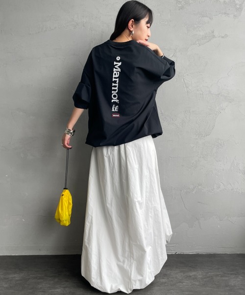uvカット tシャツ 「Marmot/マーモット」 別注 ドローコード付き バーティカルロゴ バックプリントTシャツ「追加」 レディース メンズの画像