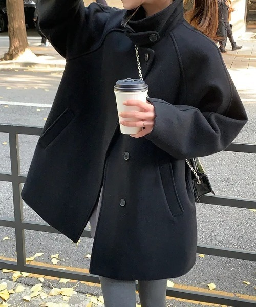 Aelina コート アウター スタンドカラーシングルブレストメルトン 