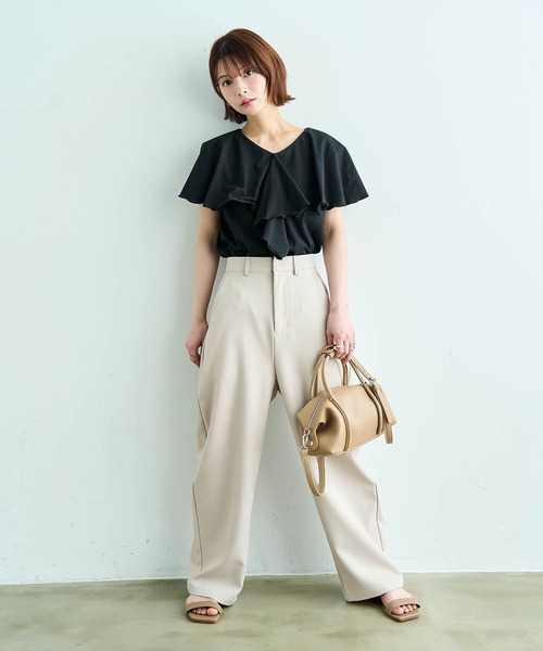 【美品】レスミルズ ロングパンツ+カットソー（黒×白） mil（ミル） ワイドパンツ スラックス パンツ 美シルエット カーブ