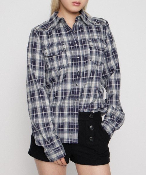 LAGUA GEM（ラグアジェム） ブラウス シャツ CHECK STUDS POCKET