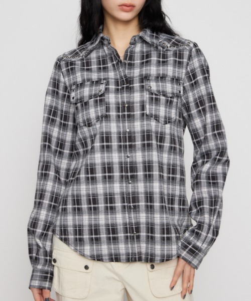 LAGUA GEM（ラグアジェム） ブラウス シャツ CHECK STUDS POCKET 