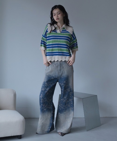 美品 POLO RALPH LAUREN マルチカラー サマー クロシェ ニット ポロシャツ ポロ クロシェ編みマルチボーダーポロシャツ/新色追加