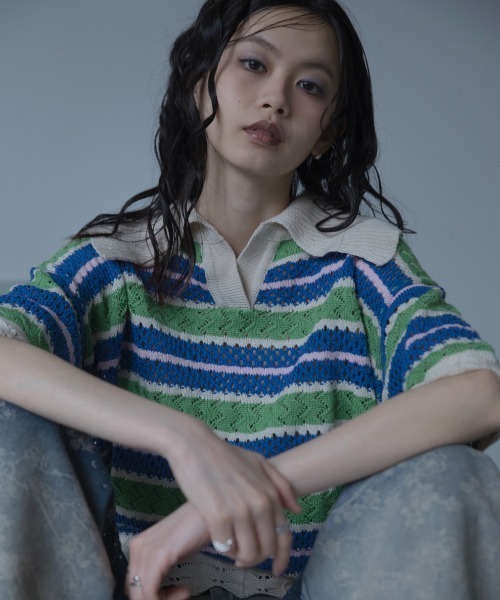 美品 POLO RALPH LAUREN マルチカラー サマー クロシェ ニット ポロシャツ ポロ クロシェ編みマルチボーダーポロシャツ/新色追加