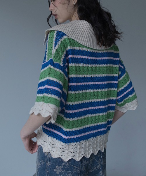 美品 POLO RALPH LAUREN マルチカラー サマー クロシェ ニット ポロシャツ ポロ クロシェ編みマルチボーダーポロシャツ/新色追加