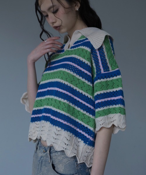 美品 POLO RALPH LAUREN マルチカラー サマー クロシェ ニット ポロシャツ ポロ クロシェ編みマルチボーダーポロシャツ/新色追加