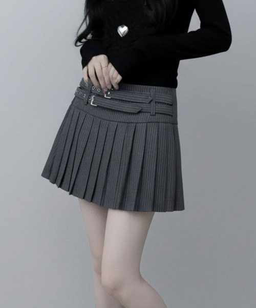 スカート ダブルベルト ストライプ プリーツミニスカート : ZOZOTOWN