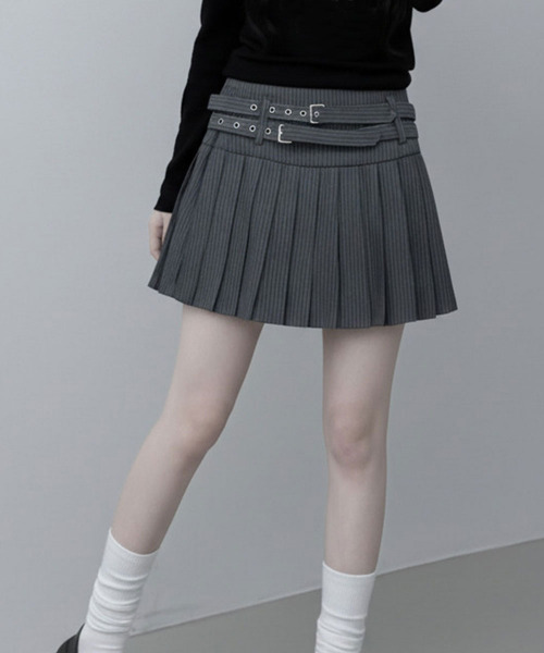 スカート ダブルベルト ストライプ プリーツミニスカート : ZOZOTOWN
