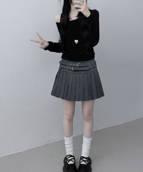 スカート ダブルベルト ストライプ プリーツミニスカート : ZOZOTOWN