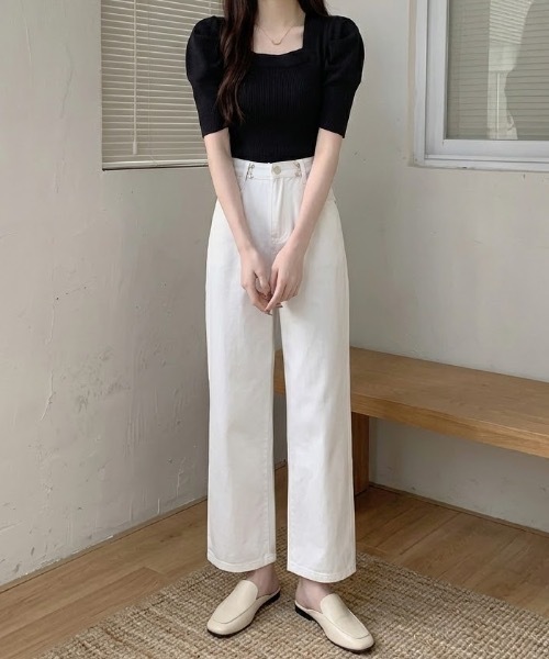 tシャツ 半袖 パフスリーブスクエアネックサマーニットトップス「4色