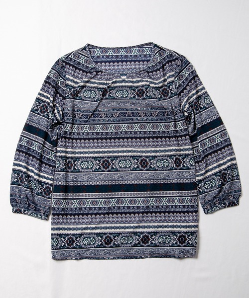 Tシャツ Tシャツ 強撚ストレッチエスニックボーダーチュニック 再入荷