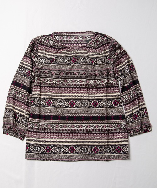 Tシャツ Tシャツ 強撚ストレッチエスニックボーダーチュニック 再入荷