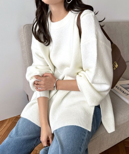 ルネ　新品 ベージュ ボタン付きニット 五分袖 andme ニット セーター 「新色追加」ボックスシルエット長袖