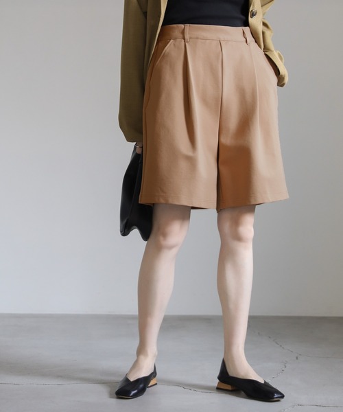 MACHATT 25SS タックハーフパンツ ブラウン38 麻混ハーフパンツ パンツ ハーフパンツ ショートパンツ 麻混