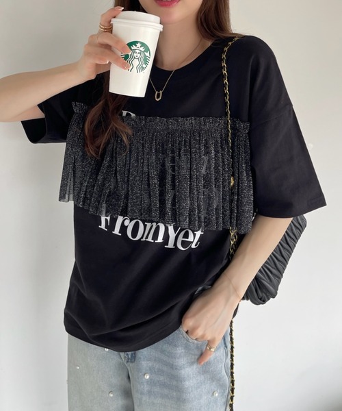 tシャツ メッシュドッキングプリントTシャツ レディース hunch tシャツ メッシュ ドッキングトップス レディース