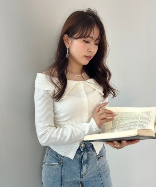 tシャツ ipugo/イプゴ リブボタン オフショルダー レディース ipugo tシャツ ipugo/イプゴ リブボタン オフショルダー
