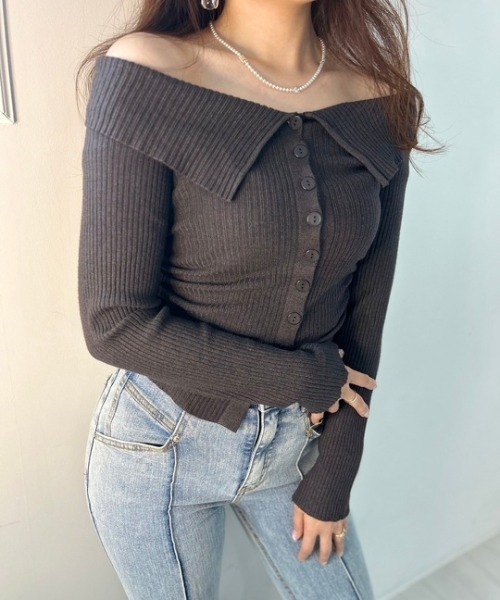 tシャツ ipugo/イプゴ リブボタン オフショルダー レディース ipugo tシャツ ipugo/イプゴ リブボタン オフショルダー