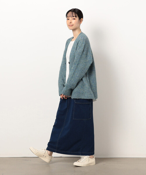 NAVY ニットメッシュカーディガン ベージュ カーディガン へアリーメッシュ Vネック ニットカーディガン