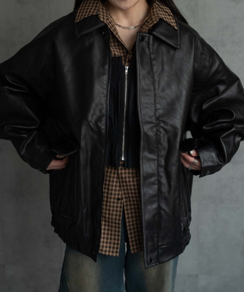 美品 ICB 洗える L ベルト付 ブルゾン 黒 フェイクレザー ジャケット Belted Faux Leather Jacket/ベルテッドフェイクレザージャケット