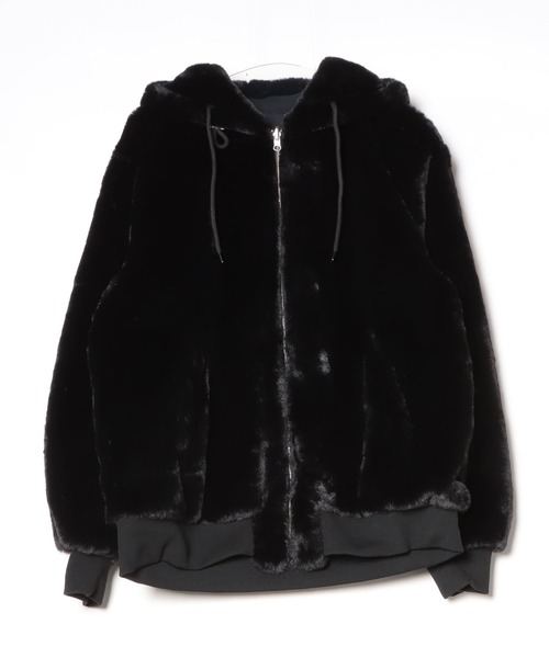 JUN&ROPE フェイクファーブルゾン 黒 MMMM ブルゾン アウター MMMM/フェイクファー×ナイロンワッシャー