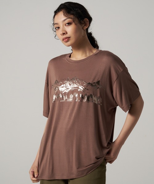 14th Addiction フェザー Tシャツ 半袖 カットソー ブラウン Eddie Bauer（エディーバウアー） tシャツ 半袖 箔プリント 半袖 T