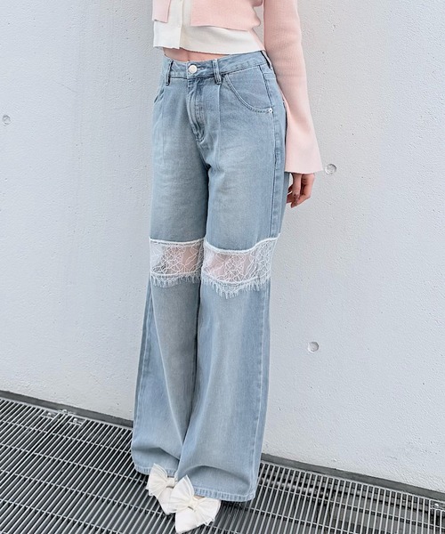 ジーンズ デニム デニムパンツ レーススイッチングデニム レディース