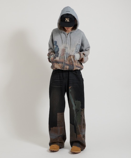 Perushu ジーンズ New York City printed wide denim