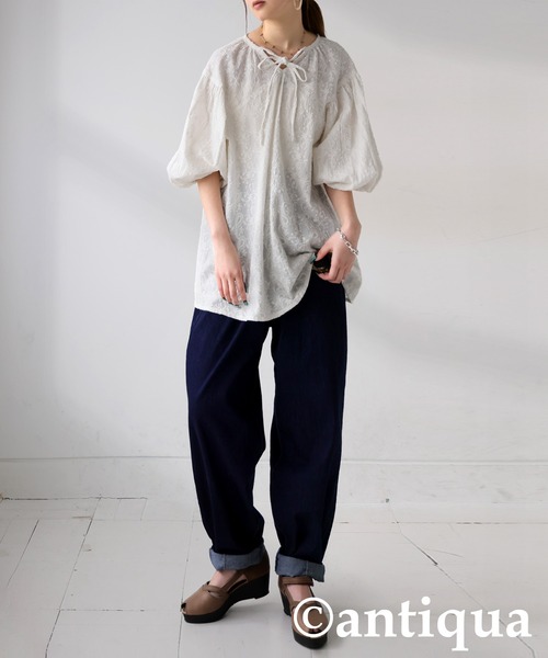 ブラウス シャツ ペイズリー刺繍ブラウス レディース antiqua ブラウス シャツ ペイズリー刺繍ブラウス レディース