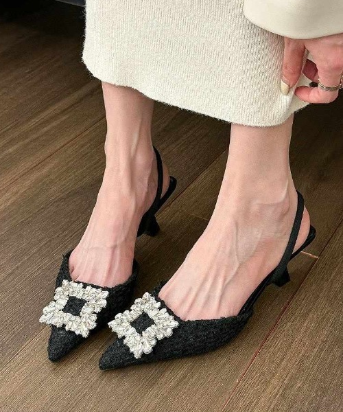 パンプス ビジュー付きバックストラップツイードパンプス : ZOZOTOWN