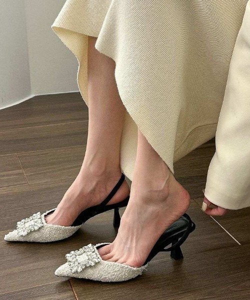パンプス ビジュー付きバックストラップツイードパンプス : ZOZOTOWN