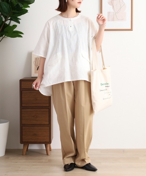 Emago ブラウス シャツ EMAGO レモンとオレンジ総柄刺繍ブラウス