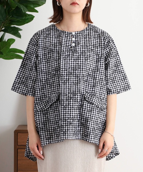 ブラウス シャツ EMAGO レモンとオレンジ総柄刺繍ブラウス レディース Emago ブラウス シャツ EMAGO レモンとオレンジ総柄刺繍ブラウス