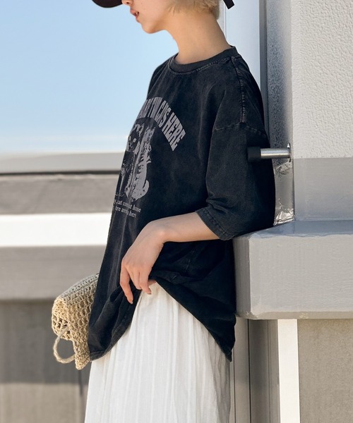 tシャツ ピグメントダイカジュアルロゴBIG Tシャツ レディース ヴィンテージ風ロゴ ピグメントTシャツ[品番：ADEW0004425]｜ad