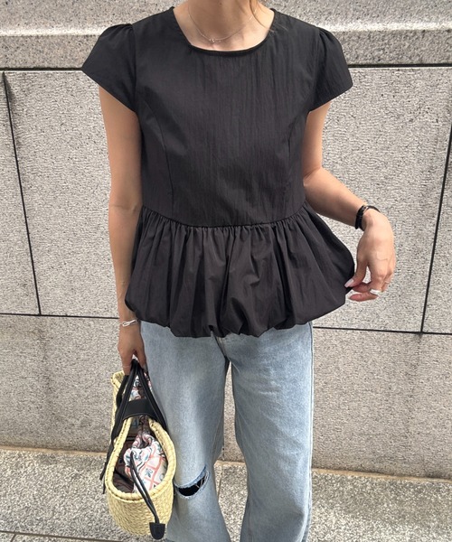ブラウス シャツ バルーンペプラムブラウス(chiica select) / Tシャツ カットソー 半袖 インナー フレンチスリーブ クルーネック ラ