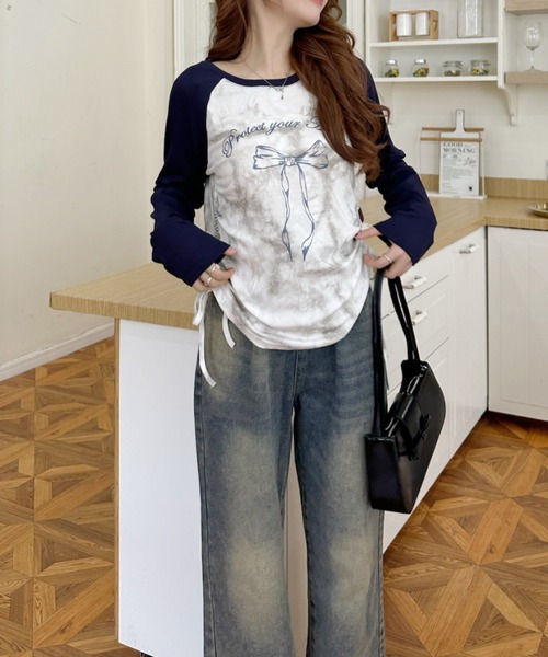グランジy2k サイドシャーリングポケット付きデザインカットソーロンT フリー Ada. tシャツ Y2K サイドシャーリング リボン デザイン ラグラン ロンT