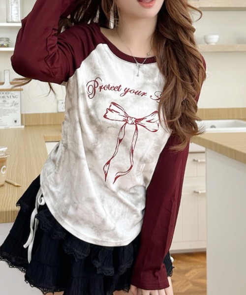 Ada. tシャツ Y2K サイドシャーリング リボン デザイン ラグラン ロンT