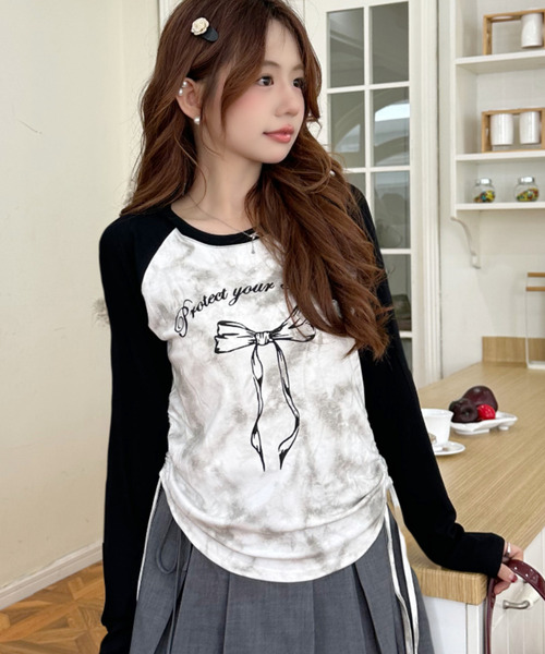 Ada. tシャツ Y2K サイドシャーリング リボン デザイン ラグラン ロンT