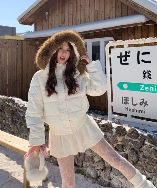 アイボリー ダウンジャケット ファー付き ダウンコート レディース 秋冬 アウター フォックスファー付き 可愛い