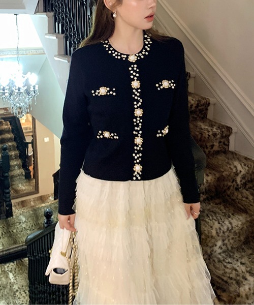 LUCPY カーディガン ビジュー装飾ノーカラー上品ツイード風ニット