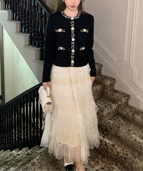 LUCPY カーディガン ビジュー装飾ノーカラー上品ツイード風ニット