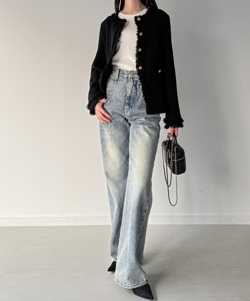 「JUNOAH」 ツイードジャケット MEDIUM モカ レディース_画像4