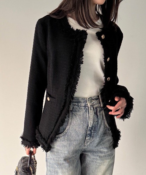 「JUNOAH」 ツイードジャケット MEDIUM モカ レディース_画像5