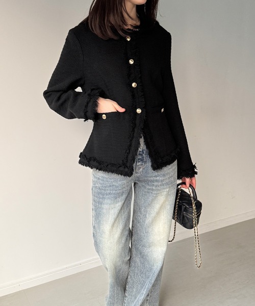 「JUNOAH」 ツイードジャケット MEDIUM モカ レディース_画像6