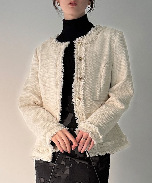 「JUNOAH」 ツイードジャケット MEDIUM モカ レディース_画像7