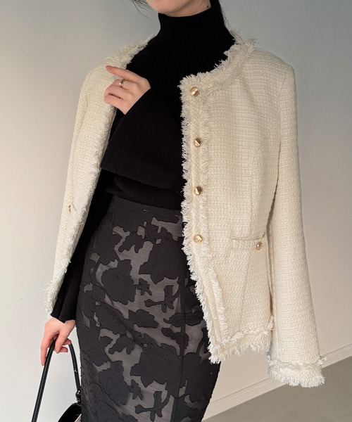 「JUNOAH」 ツイードジャケット MEDIUM モカ レディース_画像8