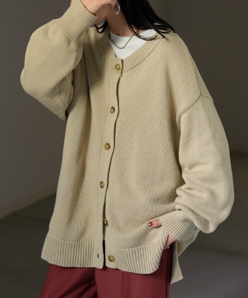 homspun 厚手ニットカーディガン\ざっくり編み コットンカーディガン homspun｜タック編み クルー カーディガン - haluta(ハルタ