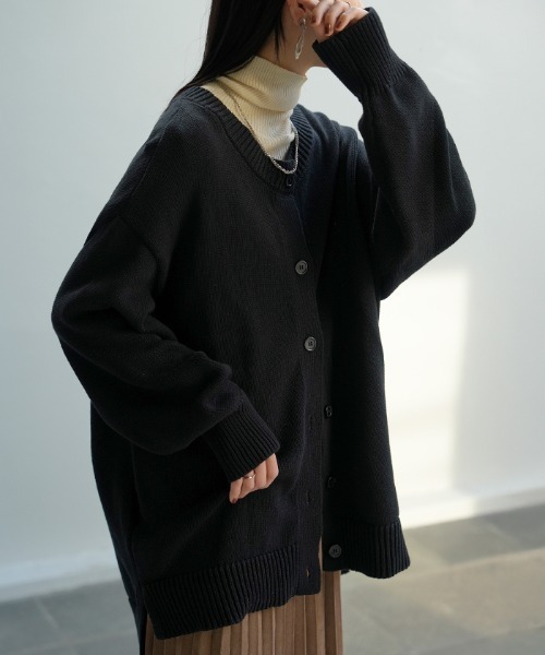 homspun 厚手ニットカーディガン\ざっくり編み コットンカーディガン homspun｜タック編み クルー カーディガン - haluta(ハルタ